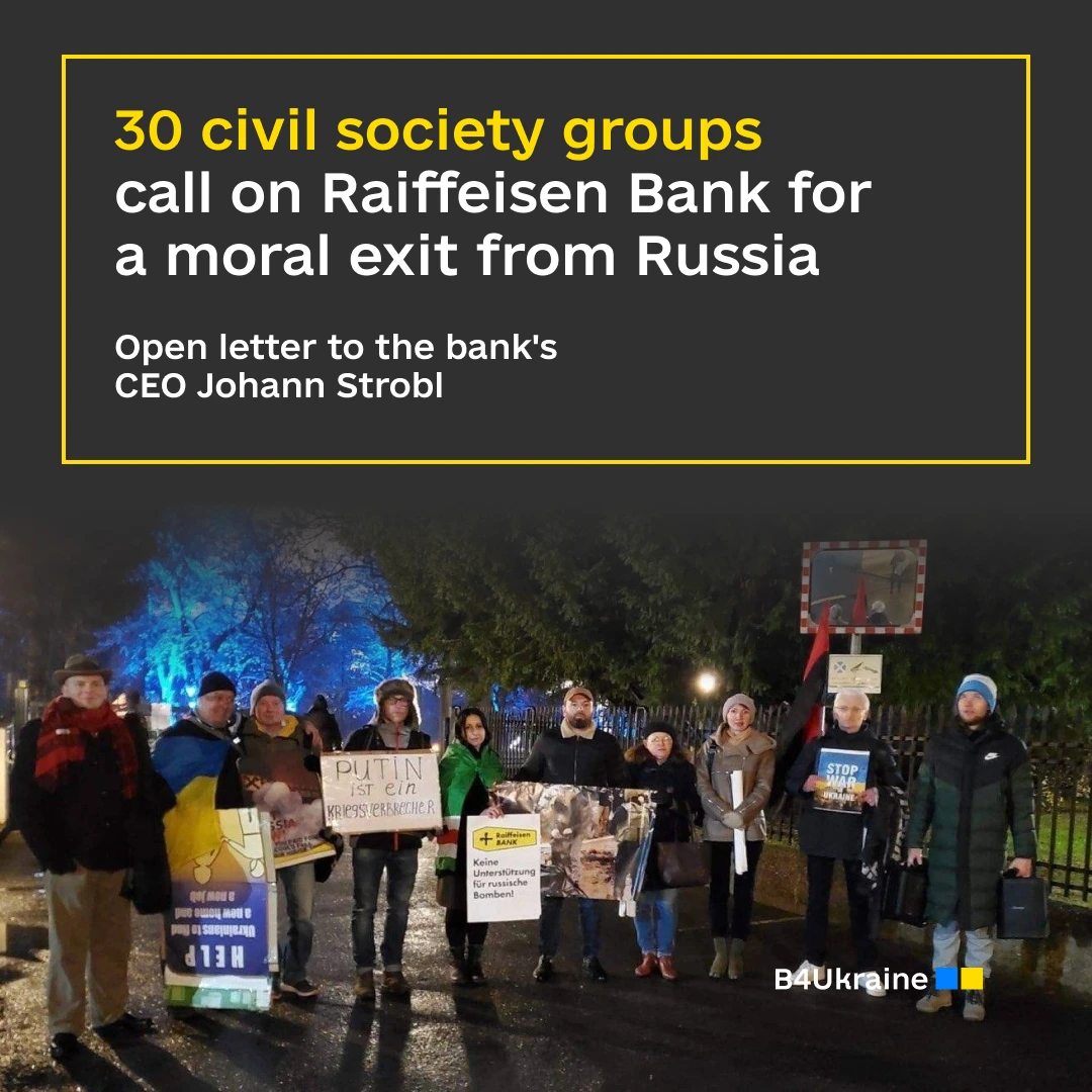 30 civil society groups call on Raiffeisen Bank for a moral exit from Russia